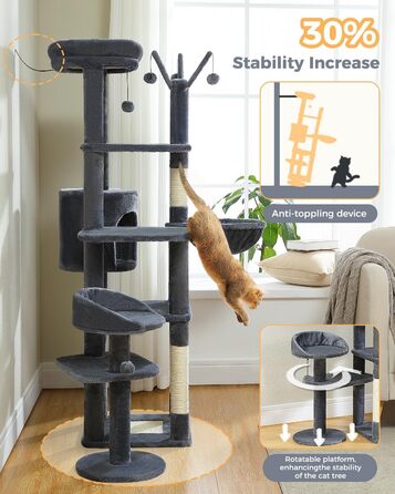 Котячий будиночок Petpela 150 см: багатоярусний котячий комплекс з гамаком, когтеточкою та стійками, сірий