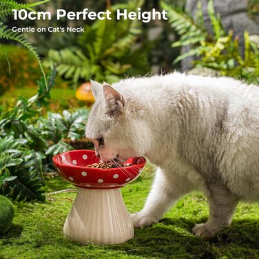Підвищений годівниця для котів, керамічна миска у формі гриба, широка та плоска миска для котів на підставці, миска для котів, що запобігає блювоті, миска для кошенят та літніх котів (червона)