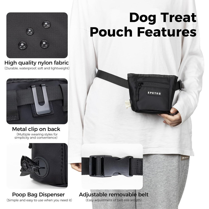 Сумка для ласощів для собак з металевим кліпом на ремінь, міцна застібка-магніт, велика місткість, диспенсер для пакетів для вигулу (чорний)