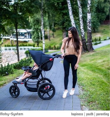 Дитяча коляска Moby-System Runner Mountain 3-колісна з дощем, вантажопідйомність 15 кг, комплект аксесуарів, 5-точкова система ременів, відбивачі, віконце та кошик для речей - Чорний