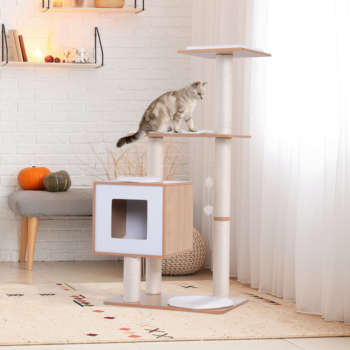 PawHut Cat Tree Натуральне дерево з оббивкою Cat Cave Сизалева колона Лежача поверхня Ігрове дерево для кішок 71,5 x 49,5 x 120 см