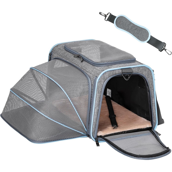 Транспортна сумка для кота та собаки Petsfit, розширювана переноска з плечовим ременем, сумка-переноска для собак та котів, авіапереноска, оксфордська тканина, M, Зелений/Односторонній зелений (Сірий, M/Односторонній)