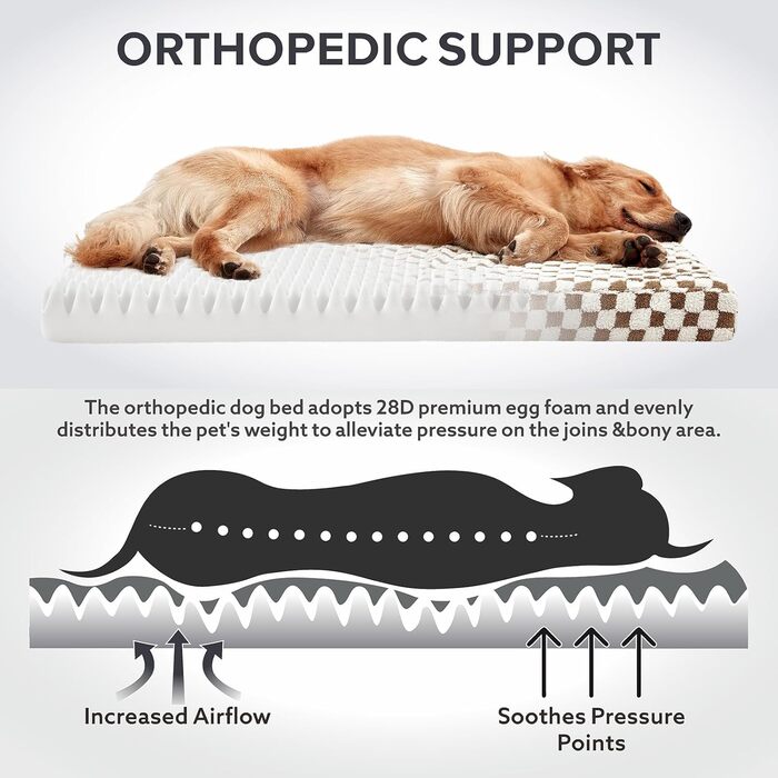 Ортопедичне ліжко для собак великих порід JOEJOY, 91.4 x 68.6 см, коричневе. Знімний, пральний чохол, м'який плюш, піна з пам'яті ефекту.