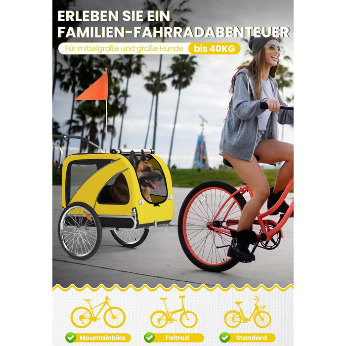 SEPNINE® Причіп для собак XL 2-в-1, велосипедний та візок для собак до 40 кг, складний з гальмами та зчіпним пристроєм, для середніх та великих собак - Синій (Жовтий - до 40 кг)