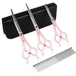 Набір професійних ножиць для грумінгу собак та котів 5-в-1, нержавіюча сталь, з гребінцем для догляду за шерстю (Рожевий)
