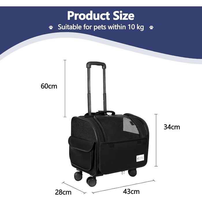 Чемодан для собак та котів Galatée з колесами, переноска для тварин, схвалена авіакомпаніями, дитяча коляска для домашніх улюбленців (чорний)