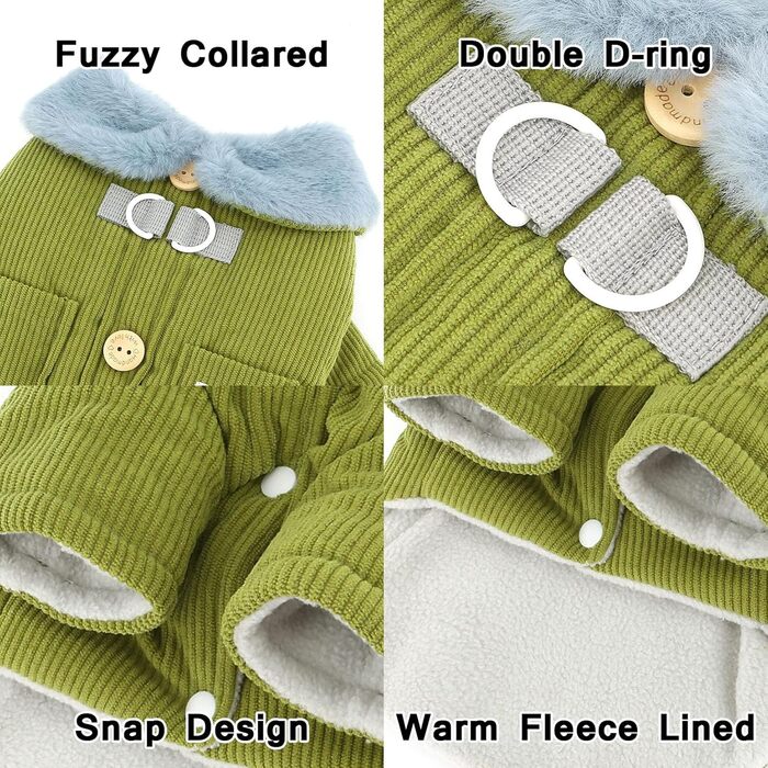 Теплий куртка для собак на осінь/зиму Ranphy з флісовою підкладкою та D-порогом, для чихуахуа та інших маленьких порід (зелений, M)