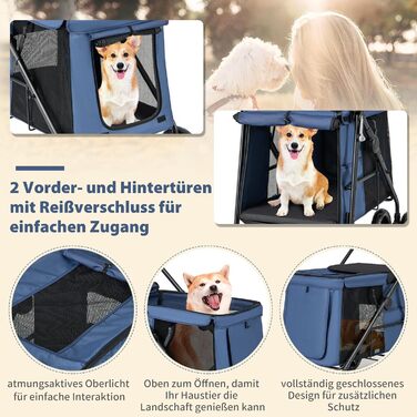 Візок для собак GOPLUS, складна модель, до 40 кг, з м'яким килимком, сітчастими вікнами та 2 входами, універсальні колеса, ручка (Блакитний)