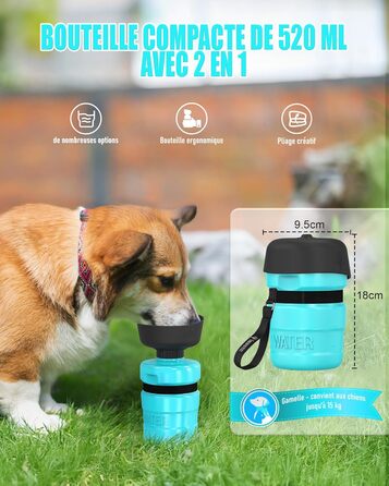 Складана пляшка для води для собак Lesotc 520 мл, блакитний колір, для прогулянок та подорожей
