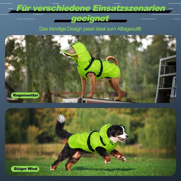 Водонепроникний дощовик для собак, дощова куртка з світловідбиваючими смугами, нагрудник H-подібної форми (D-кільце) та знімний капюшон з візором, ідеально підходить для собак середніх та великих порід [Неоновий зелений, розмір 3XL] 3XL Зелений