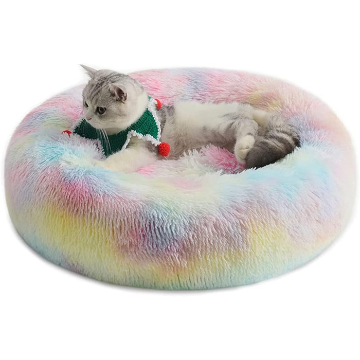 Кругле ліжко для собак та котів Chickw1, тепле м'яке ліжко-донат, миється, антиковзаюча база, 60см, кольорове (Райдуга)
