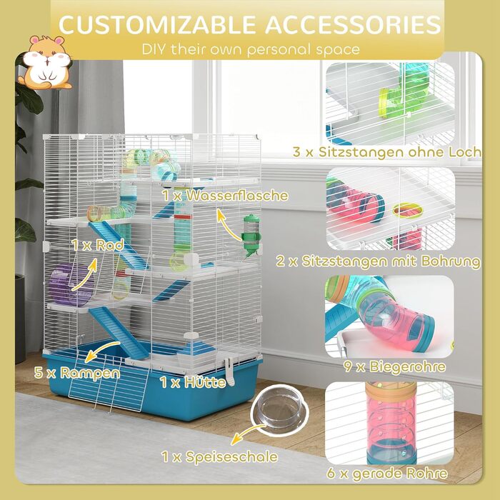 Клітка для хом'яків PawHut 6 поверхів, 58 x 36 x 81 см, блакитна