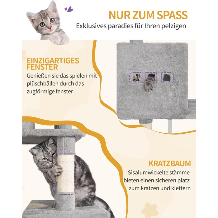 Великий котячий будиночок-кліматизатор, 193 см, XXL, 7 стовпчиків для дряпання, 3 будиночки, 2 платформи, 2 іграшкові кульки, кошик, мотузка для лазіння, багатоповерховий, сірий, MS19218LG