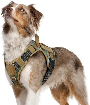 Нашийник для собак Rabbitgoo середнього розміру, анти-тяга, регульований з ручками, міцний, зносостійкий, тактичний, з металевими пряжками, для прогулянок (M, камуфляжний коричневий)