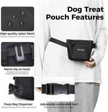 Сумка для ласощів для собак з металевим кліпом на ремінь, міцна застібка-магніт, велика місткість, диспенсер для пакетів для вигулу (чорний)