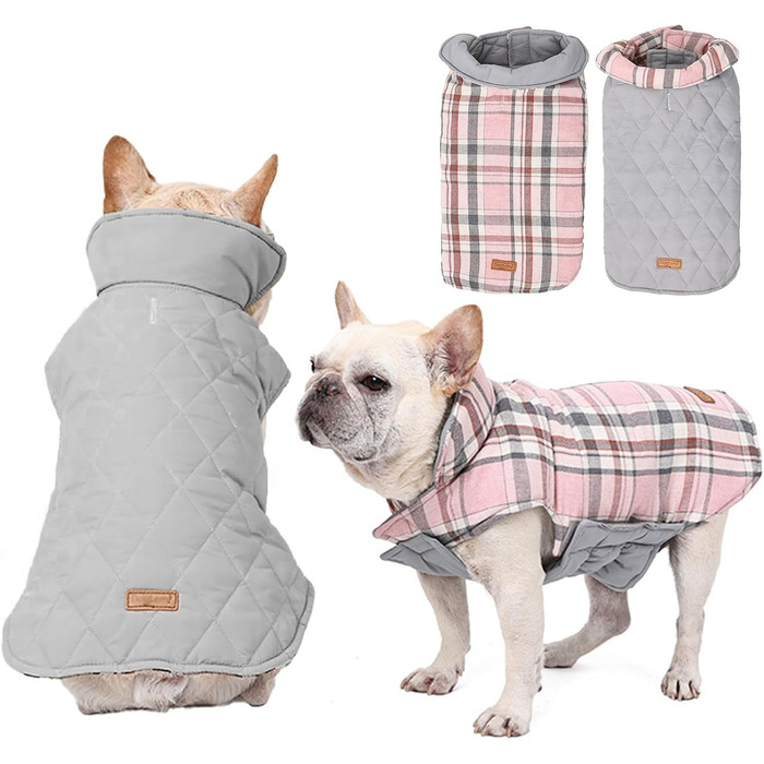 Зимова куртка для собак великих порід, водонепроникна, тепла, з кріпленням для повідка, перевертається, рожевий (XS)