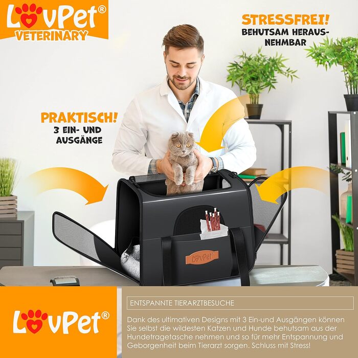 LOVPET® Сумка-переноска для собак і котів 2-в-1, транспортна коробка з подушкою, 3 рулони пакетів і миска, 44×31×36 см, сумка для перевезення домашніх тварин