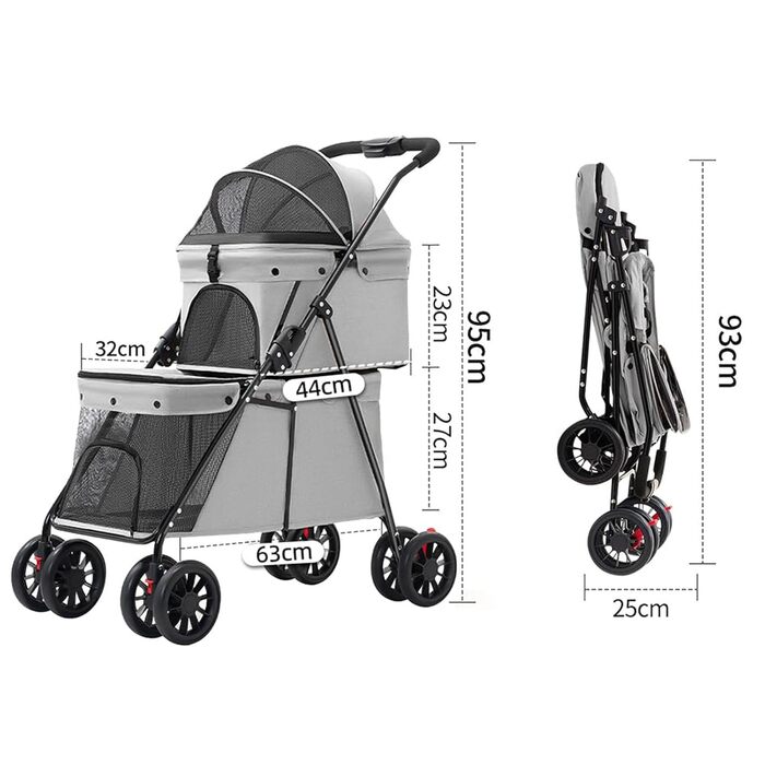 Складаний візок для собак на 2 яруси, переноска для домашніх тварин до 24 кг, візок для собак з сітковими віконцями, ремінь безпеки, 4 колеса, складаний візок для котів та маленьких собак (сірий)