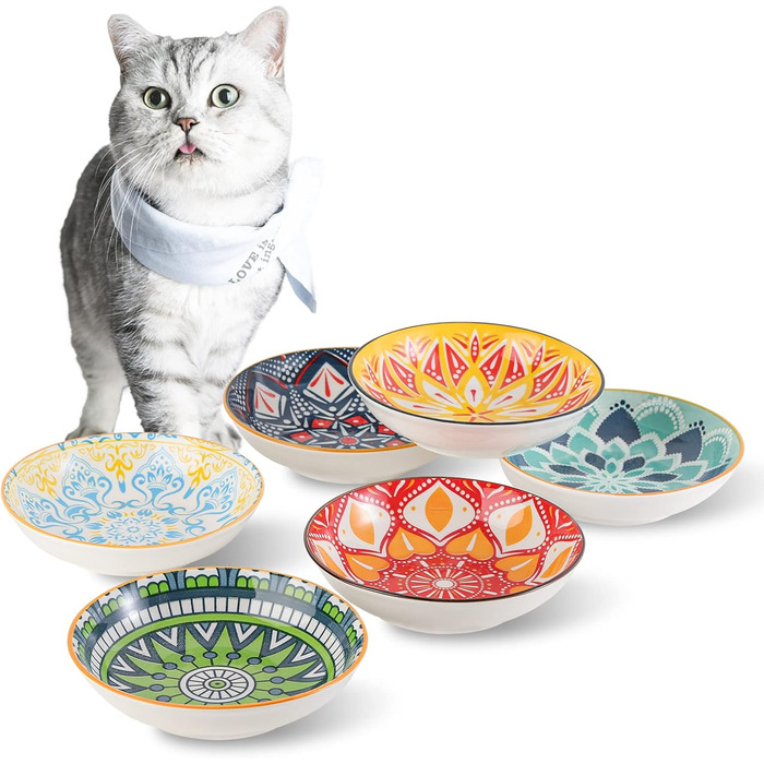 Набори мисок для котів з кераміки Katzennäpfe - 6 шт. - 250 мл - для корму - кольорові - широкі, плоскі, зручні для котів - можна мити в посудомийній машині