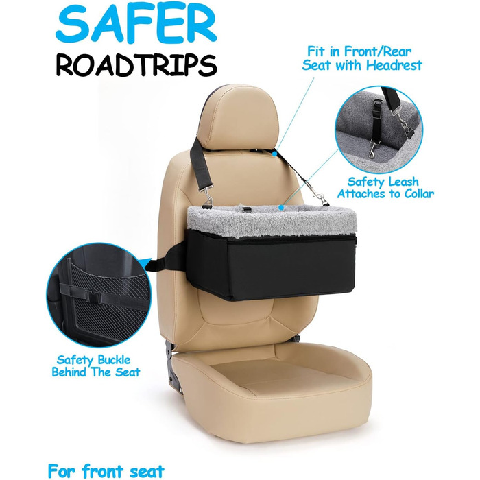 Автокрісло для собак - підвищене автокрісло для маленьких собак, цуценят. Чорно-сірий колір, вантажопідйомність до 20lbs