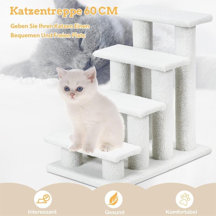 4-ступенева драбина для котів та собак до 25 кг, біла, 61x41x60 см, кішковий драбинка, сходи для домашніх тварин