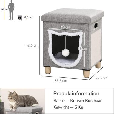 Будиночок для котів PawHut з подушкою, кігтеточкою та іграшкою, м'який котячий дім-ліжко з протиковзким дном, поліестер, сірий, 35,5x35,5x42,5 см