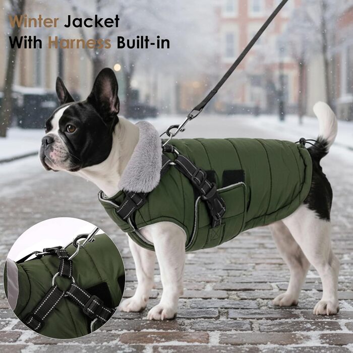 Зимовий теплий накид для собак ASENKU (S, M, L, XL) – водонепроникний, вітронепроникний, з відбиваючими елементами, з нагрудником, для маленьких, середніх та великих собак, зелений