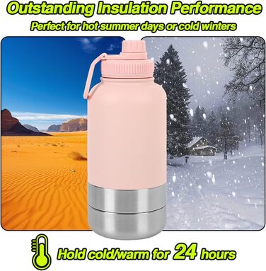 Водяна пляшка для собак на прогулянці, 950 мл, з мискою, ізольована, нержавіюча сталь, термопляшка для собак, рожева