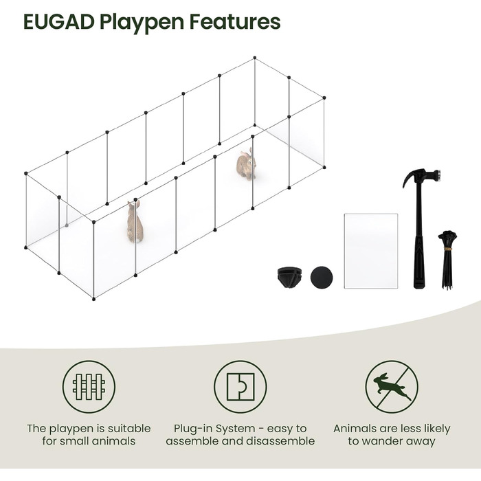 Кігульник для кроликів та інших дрібних тварин EUGAD, 16 прозорих панелей, 50x72 см, розширюваний, для кроликів, морських свинок, хом'яків, їжаків, 302x102x72 см (16 шт.)