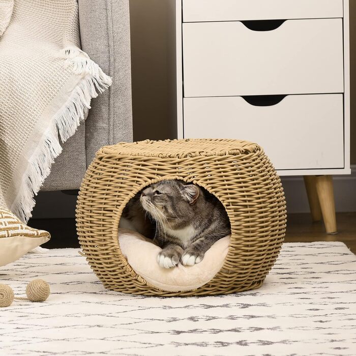 Будиночок-лежак для кота PawHut із поліратану, з м'якою подушкою, 40x30 см, світло-коричневий
