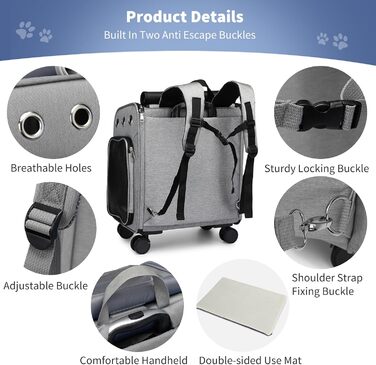 Рюкзак-переноска для кота та собаки PETCUTE з візком 2 в 1 до 11 кг, сірий. Знімний килимок, дихаюча переноска для подорожей з тваринами
