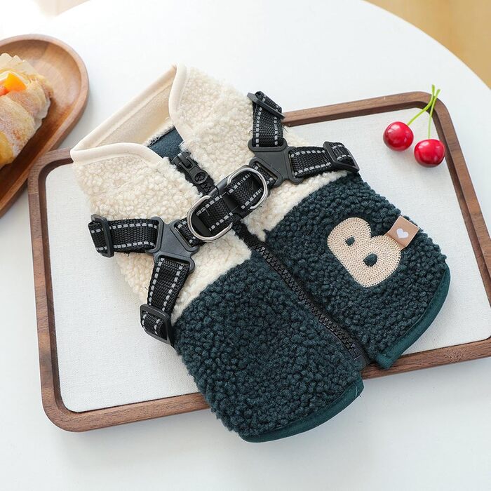 Зимова куртка для собак з отвором для шлейки, флісова підкладка, для маленьких собак, зелено-білий колір, для активного відпочинку на природі