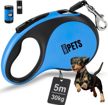 Висувна поводок для собак CORTESPETS® 5 м (до 30 кг) - зручний надійний поводок для малих та великих собак, блакитний