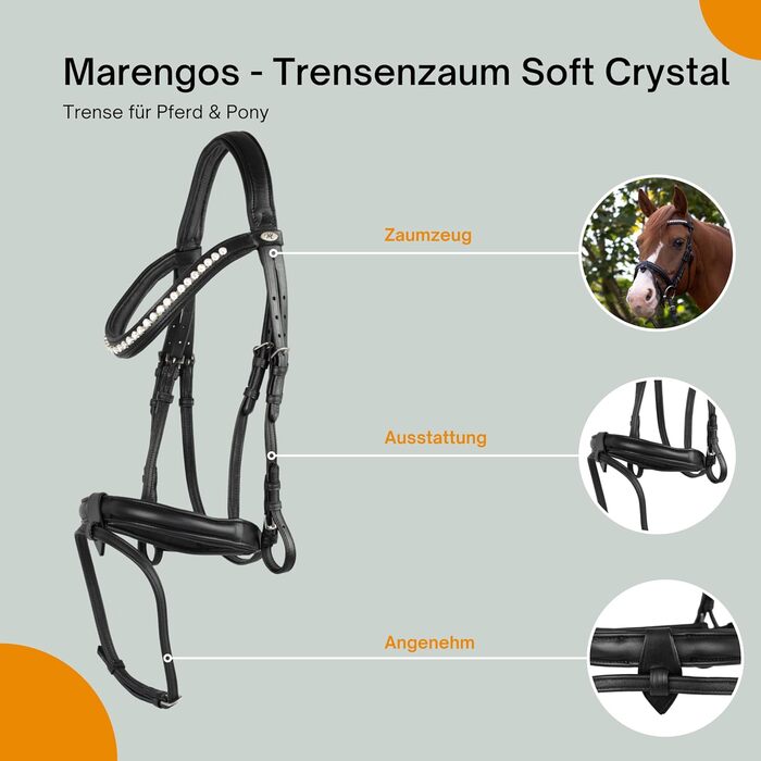 Анатомічна вуздечка Marengos Trensenzaum Soft Crystal з комбінованим англійським капсюлем із шкіри для коней і поні, чорна, з м'яким потиличником та повідцями