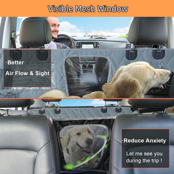 Чохол-гамак для собак на заднє сидіння Hanjo Pets, універсальний для авто та SUV, з сітчастим вікном, кишенями, блискавкою, нековзною гумовою основою, знімний і легкий у догляді