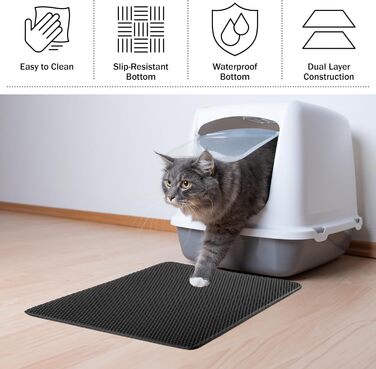 Водонепроникний килимок для котячого туалету PETMAKER 61x38 см, двошаровий, з вловлювачем наповнювача, протиковзкий, чорний