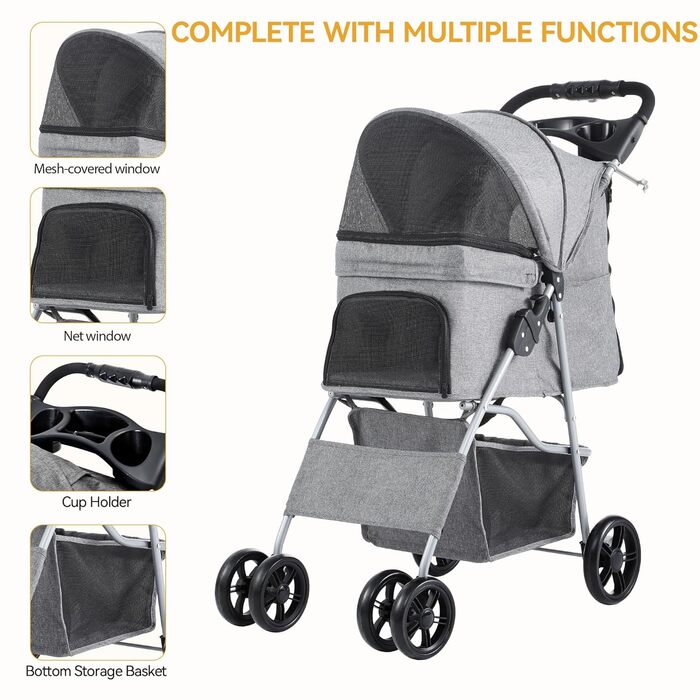 Візок для собак та котів DWVO, сірий, до 15 кг, складання, з підстаканником та кошиком для зберігання