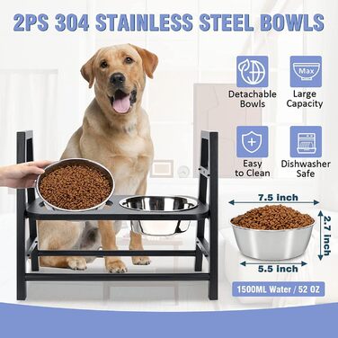 Підставка для годівлі собак з регулюванням висоти, дерев'яна, з двома мисками з нержавіючої сталі, нахил 15°, регулювання по висоті в 3 положеннях