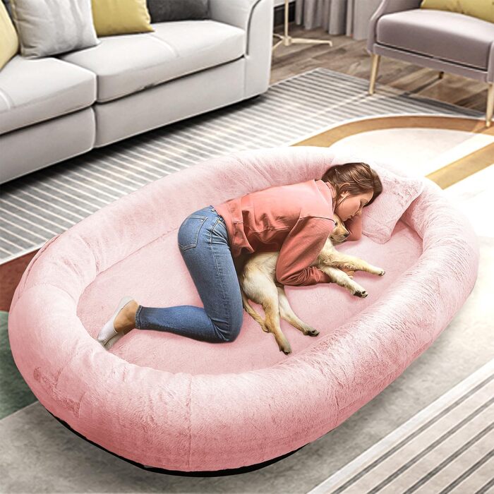 Велике ліжко для собак та людей FURRYFECTION, 180x114x35.6 см, рожеве, з ковдрою та подушкою