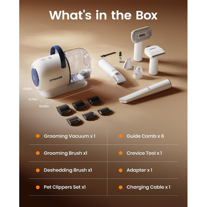 Машинка для стрижки собак Oneisall з пилососом, 15000 Па, видаляє 99.99% шерсті, тиха, 6 насадок для догляду за тваринами