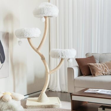 Дерев'яна кігтеточка для котів COSTWAY 178 см з 3 лежаками, іграшками та сизалевими стовпчиками, велика, з металевим каркасом, бежева