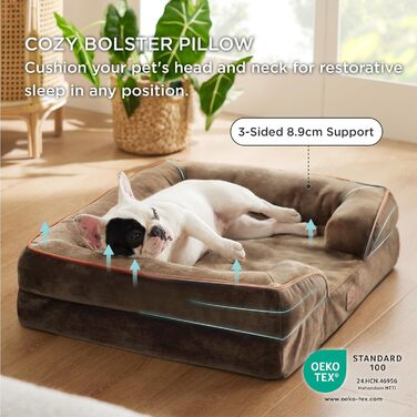 Ортопедичне ліжко для собак BEDSURE - 71x58 см, коричневе. Зручне ліжко-софа для маленьких собак з м'яким наповнювачем, миється, нековзне, 71 x 58 x 17 см