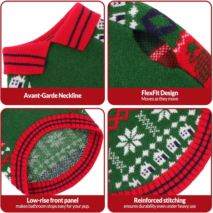 Світер для собак KONVINIT з різдвяним дизайном (олень, сніжинки, ялинка). Теплий різдвяний костюм для собак, зелений, XXL (71 см обхват грудей)