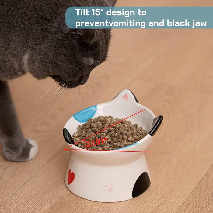 Керамічний годівник для котів з підставкою, нахилений на 15°, захист шиї, чорний/білий