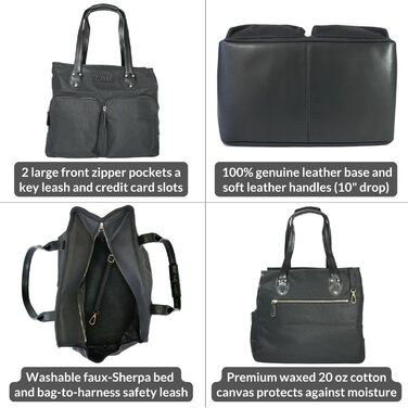 Сумка-переноска для собак DJANGO - чорна, велика, з міцної тканини вощенного канвасу та шкіри, з поворотком-поводком та надійними кишенями