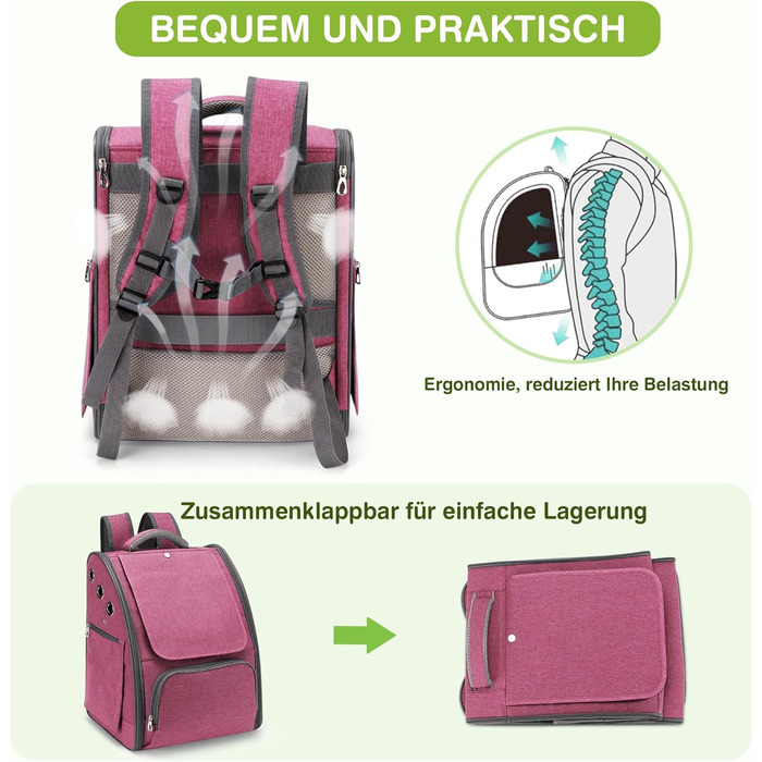 Рюкзак для котів та собак ALLSOPETS, складний, дихаючий, з сонцезахистом, для маленьких котів та собак. Ідеально для подорожей, кемпінгу та походів (Колір: Ягідний рожевий)