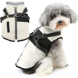 Зунеа Куртка для собак маленьких порід, тепла зимова куртка для цуценят з шлейкою, світловідбиваючі елементи, регульована застібка-блискавка, тепла флісова підкладка, сніговик, розмір XS/S, одяг для домашніх тварин, бежевий колір