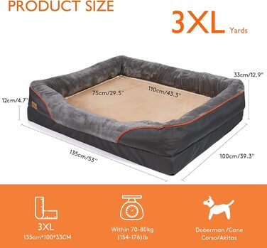 Ортопедичне собаче ліжко з memory foam: водонепроникне диван для собак, великого розміру XXXL (135x100 см) з роликом для шиї, знімний чохол