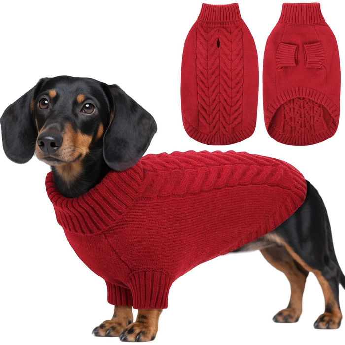 Теплий зимовий пуловер для собак M, червоний. Для Французького бульдога, Шнауцера, Мальтезе, Бічон Фрізе, Бостон Тер'є. Легко прати, в'язаний, з коміром-горловиною.