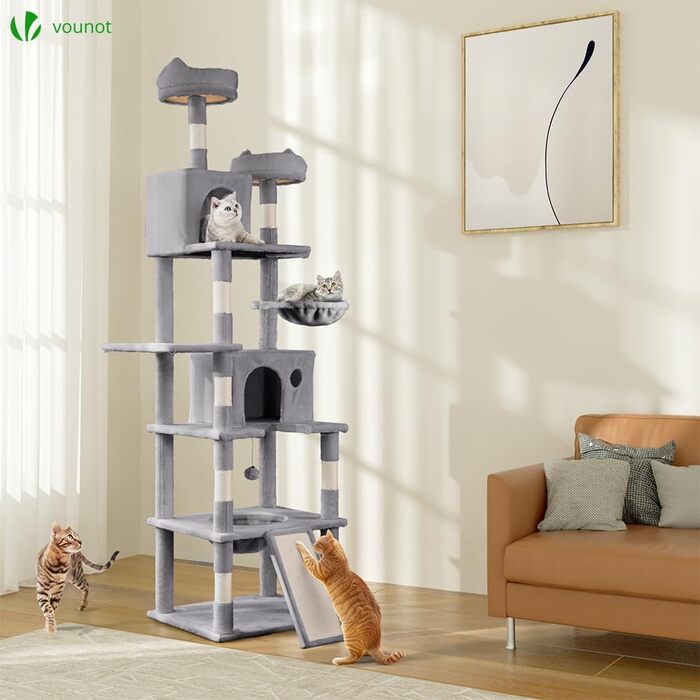 Двоповерховий котячий будиночок Vounot XXL (215 см), стійкий котячий комплекс з гамаком, корзиною та шматочками для дряпання, сірий
